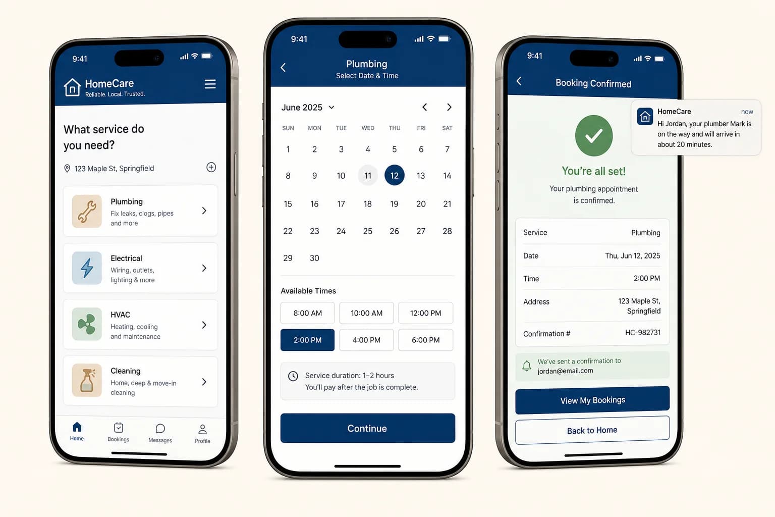 Three-screen home-services mobile app showing service selection, booking, confirmation, and notification