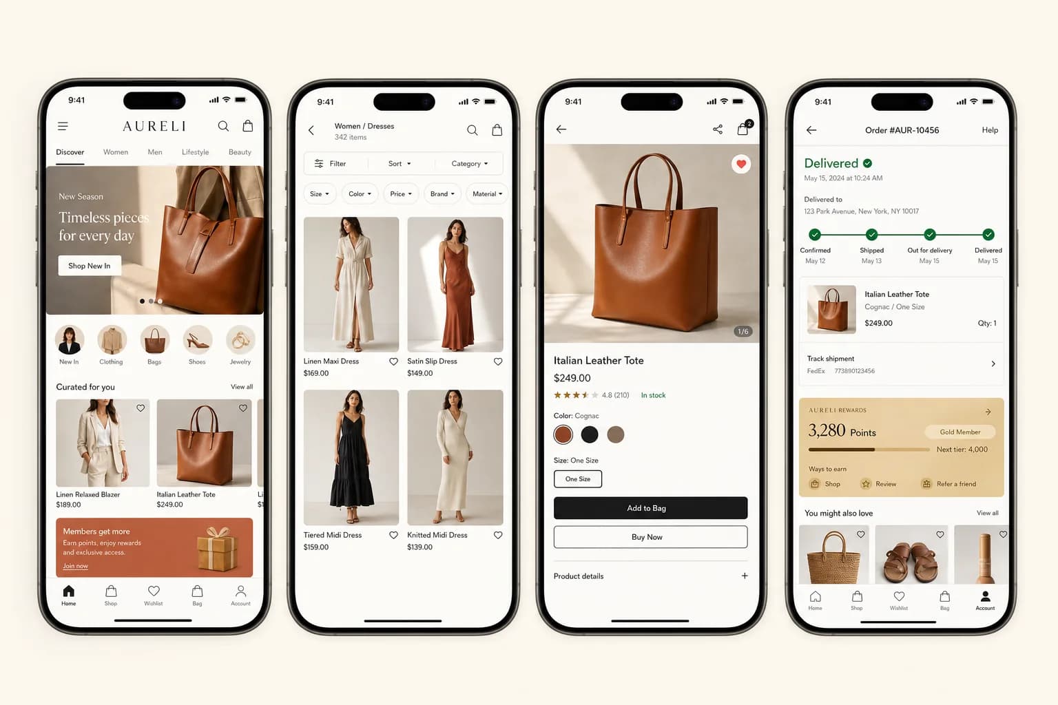 Retail mobile app showing discovery, product filters, product detail, order tracking, loyalty, and repeat-purchase recommendations