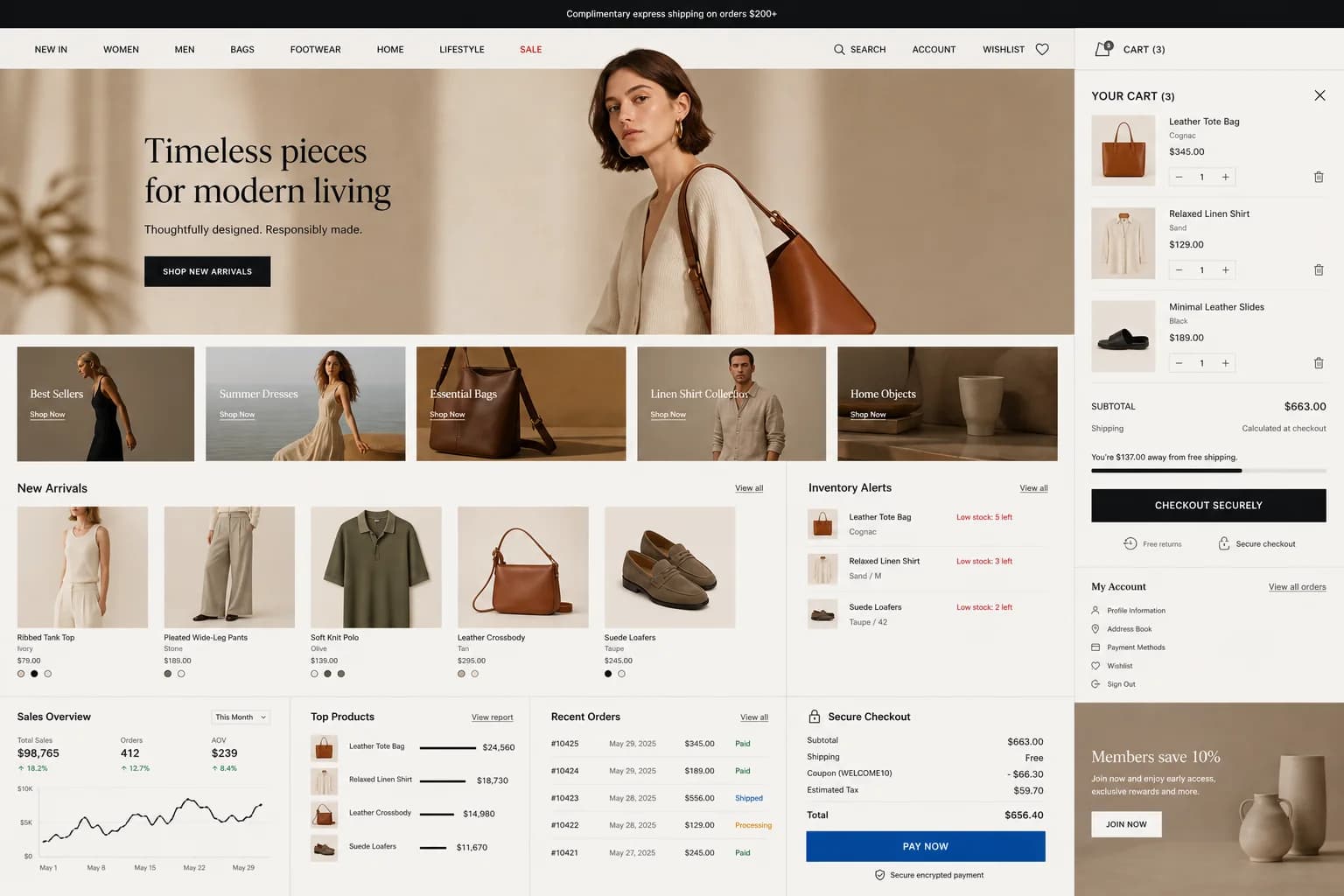 Example online store with product discovery, cart, checkout, and account journeys
