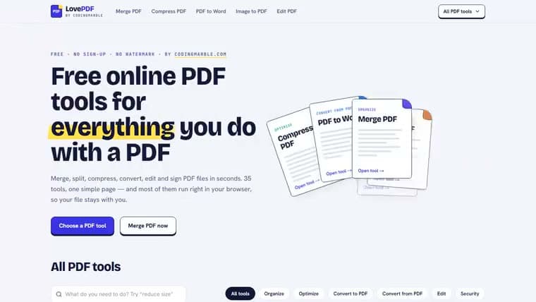 LovePDF home screen