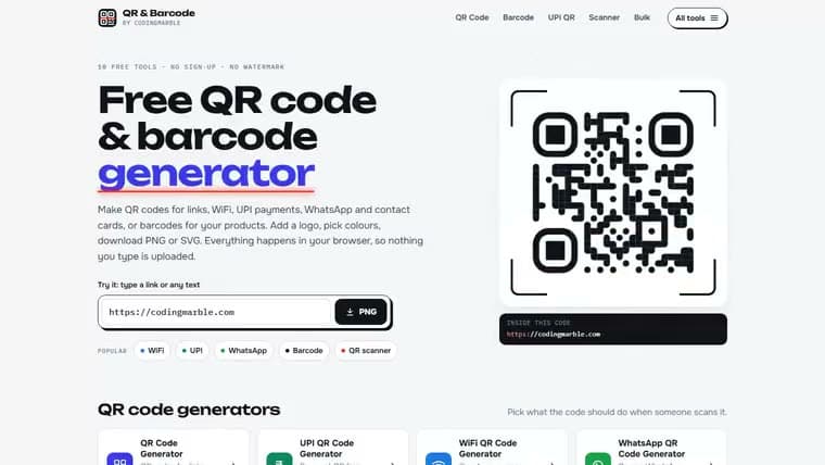 QR Code Generator home screen