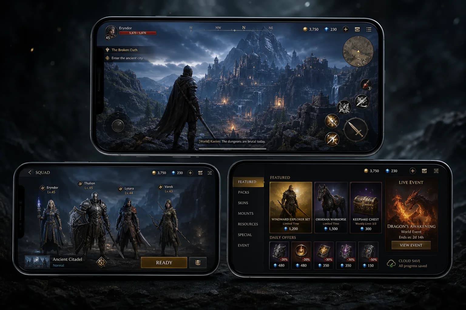 High-end 3D mobile action game with cinematic gameplay, multiplayer squad, purchases, cloud save, and live event