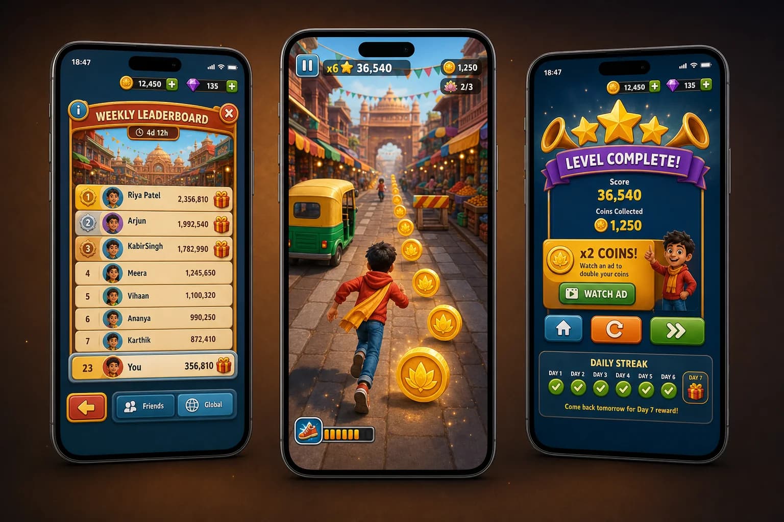 Casual mobile endless-runner game with gameplay, leaderboard, rewards, and daily streak