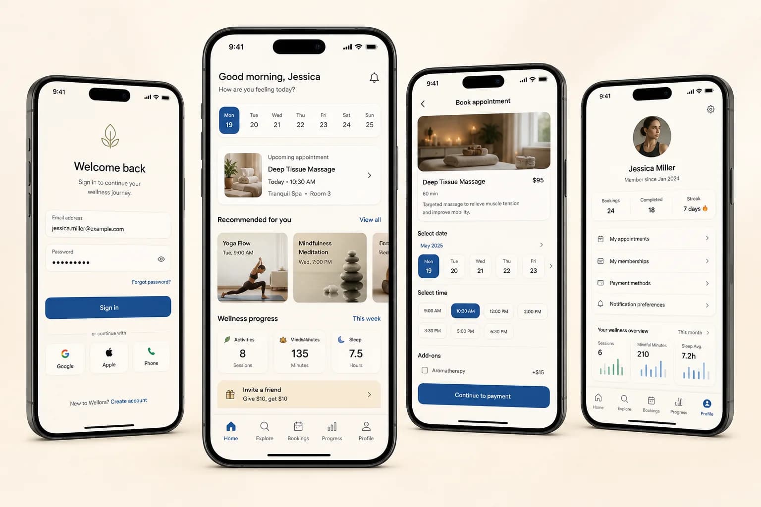 Account-based wellness mobile app with sign-in, home dashboard, booking, profile, notifications, and usage analytics