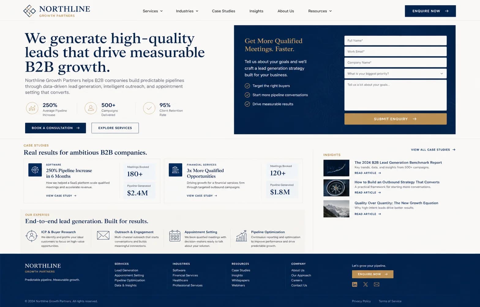 Lead-generation website example with service pages, proof, insights, and an enquiry form